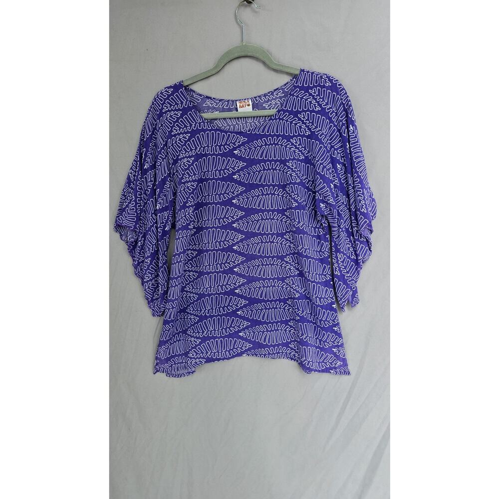 Hula Bay Blouse Womens Med Purple Tropical Leaf Kimono Sleeve Rayon Top Hawaii